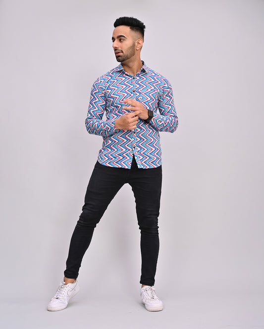 Blue Zig-Zag Printed Cotton Men's Shirt