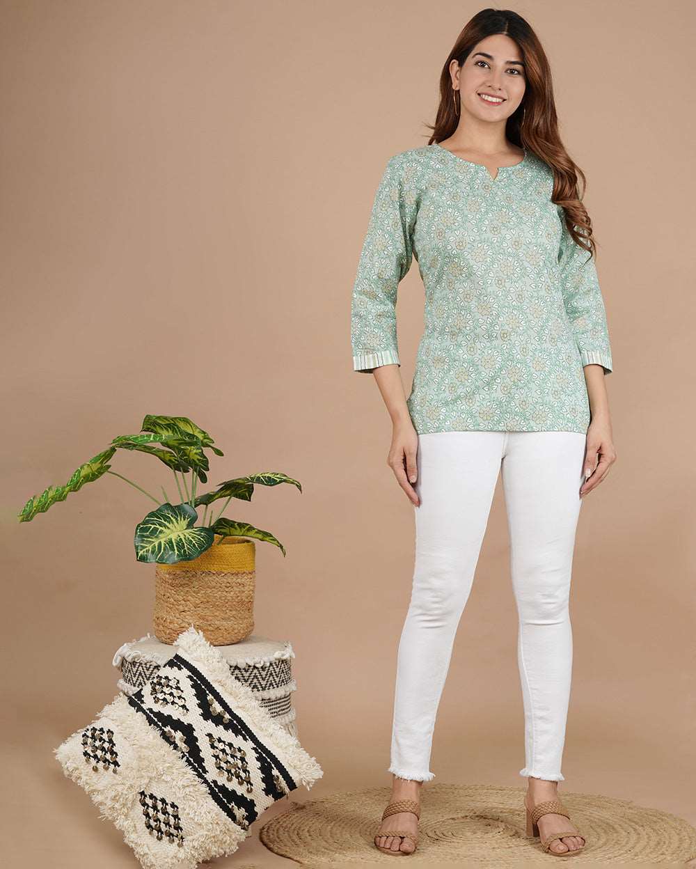 Pistachio Floral Hand block Printed Cotton Top