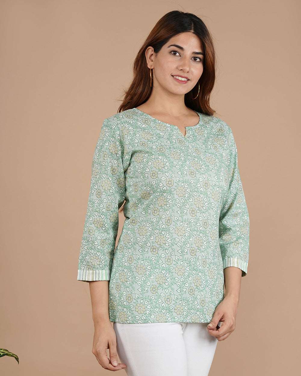 Pistachio Floral Hand block Printed Cotton Top
