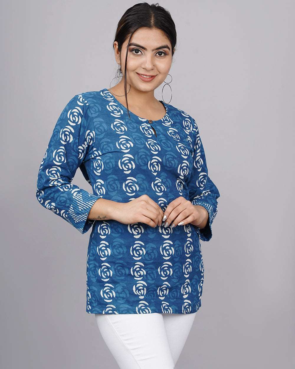 Indigo Rose Hand block Printed Cotton Top