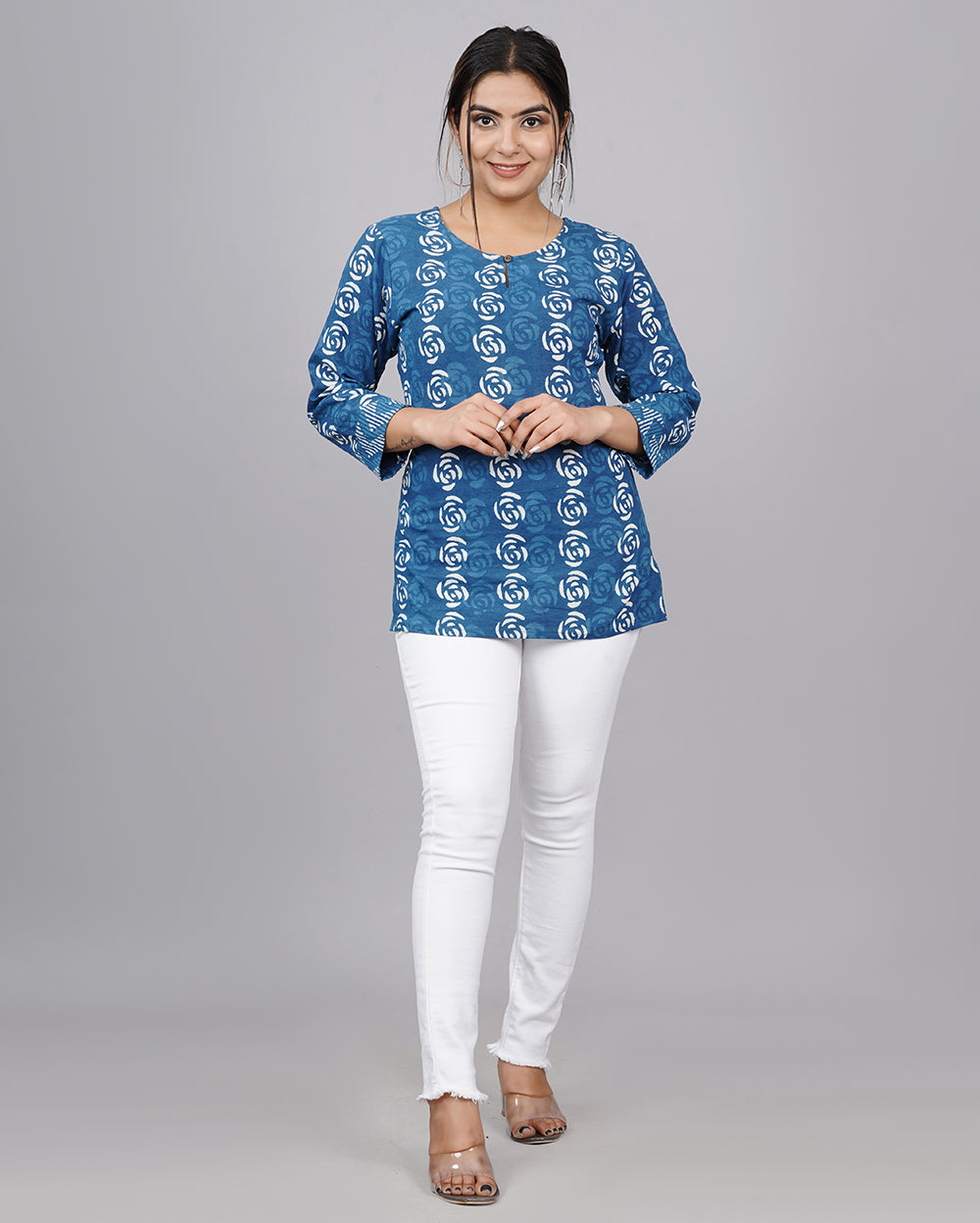 Indigo Rose Hand block Printed Cotton Top