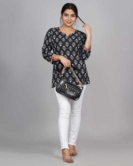 Black & White Buti Hand block Printed Cotton Top