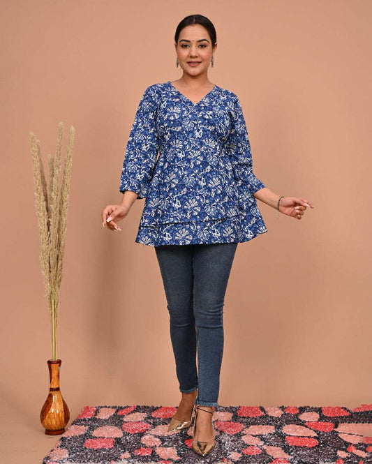 Indigo Blue Floral Block Printed Angrakha Style Short Kurti