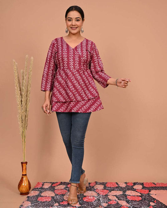 Wine Bel Block Printed Angrakha Style Short Kurti