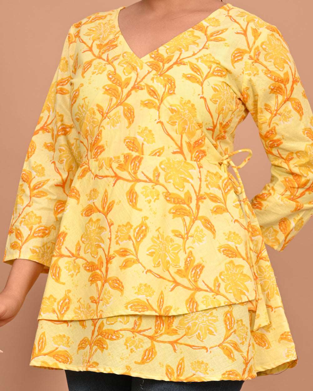 Yellow Mustard Floral Block Printed Angrakha Style Short Kurti