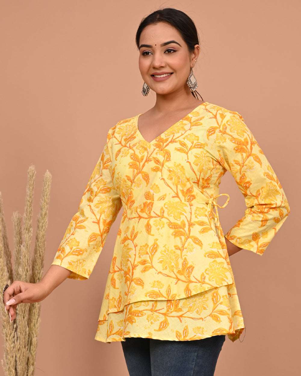 Yellow Mustard Floral Block Printed Angrakha Style Short Kurti