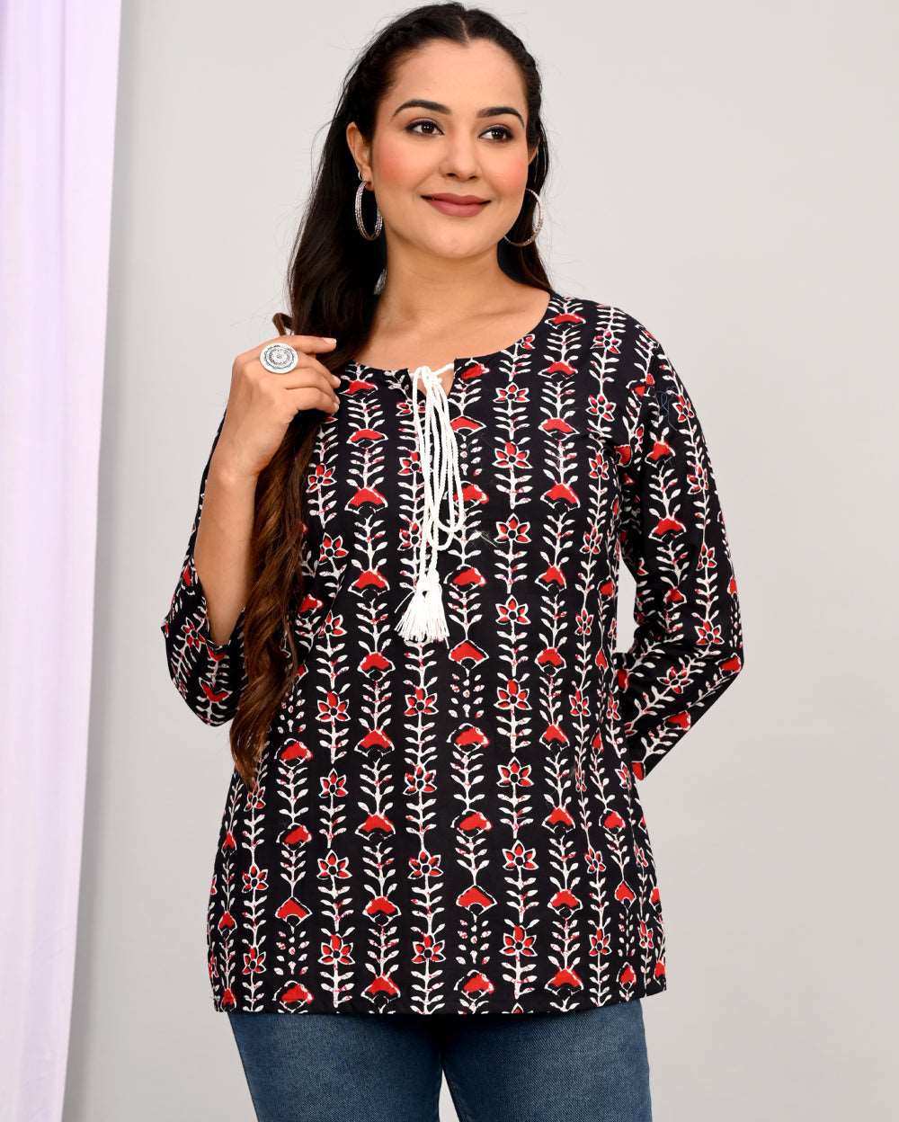 Black Bel Block Printed Short Kurti/Top