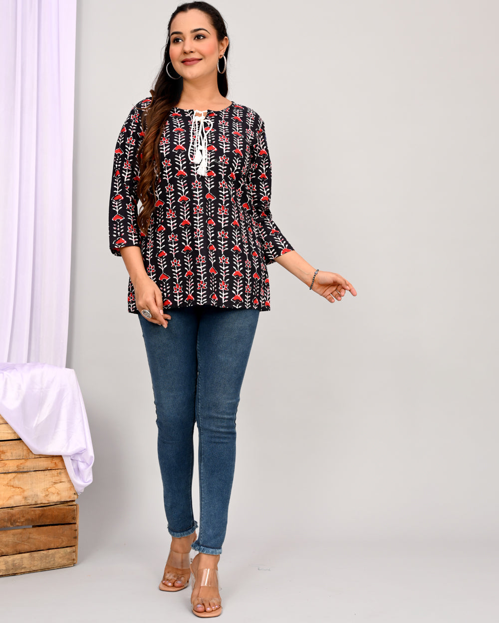 Black Bel Block Printed Short Kurti/Top