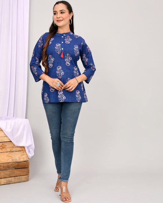 Indigo Blue Buta Block Printed Short Kurti/Top