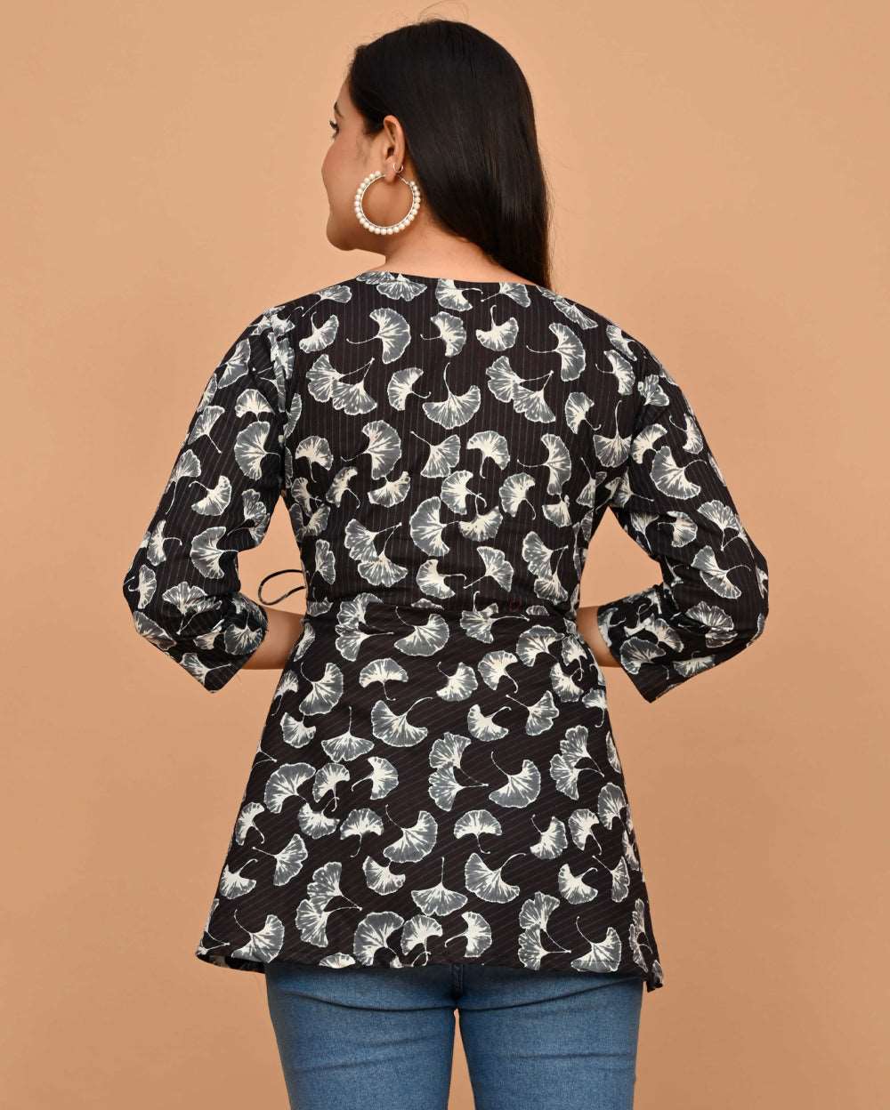 Black Tulip Floral Block Printed Angrakha Style Short Kurti