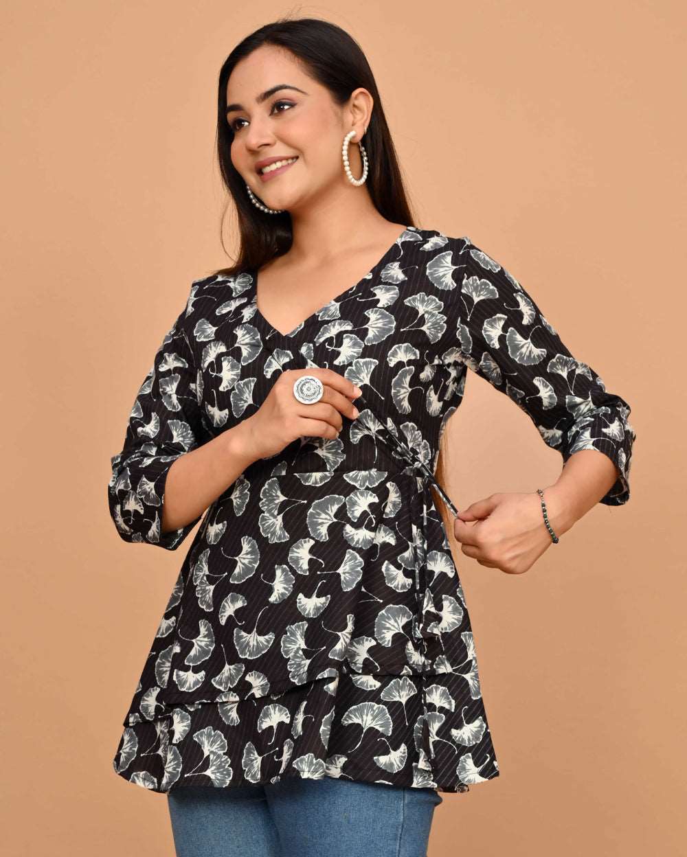 Black Tulip Floral Block Printed Angrakha Style Short Kurti