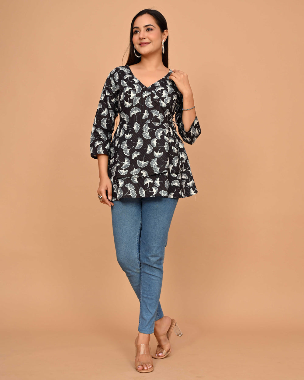 Black Tulip Floral Block Printed Angrakha Style Short Kurti