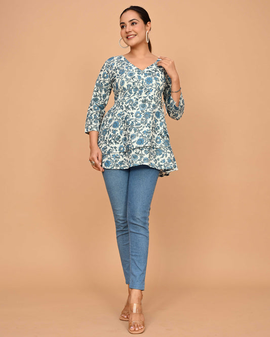 Patti Jaal Block Printed Angrakha Style Short Kurti