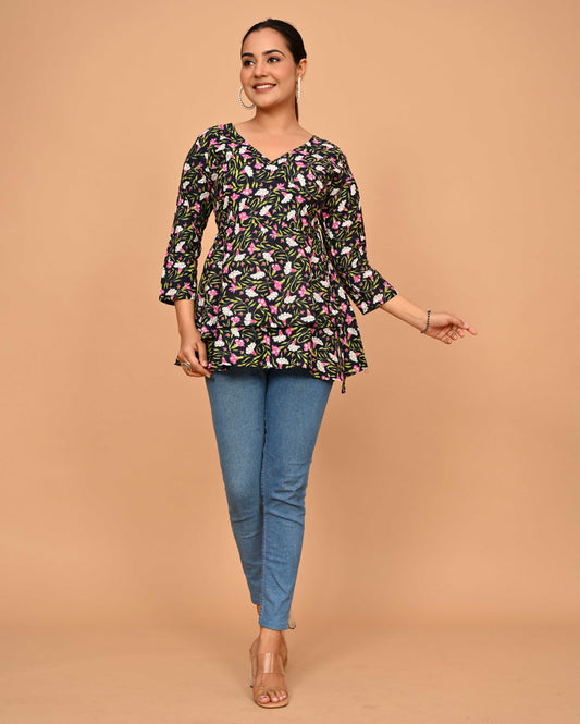 Black Floral Block Printed Angrakha Style Short Kurti
