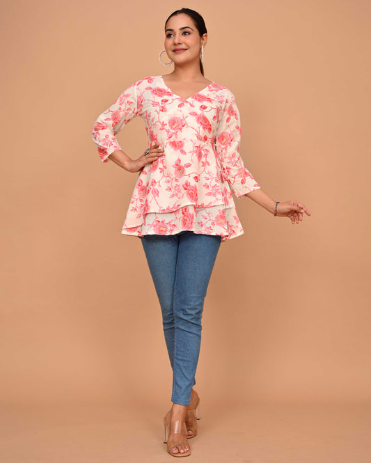 Pink Bel Jaal Block Printed Angrakha Style Short Kurti