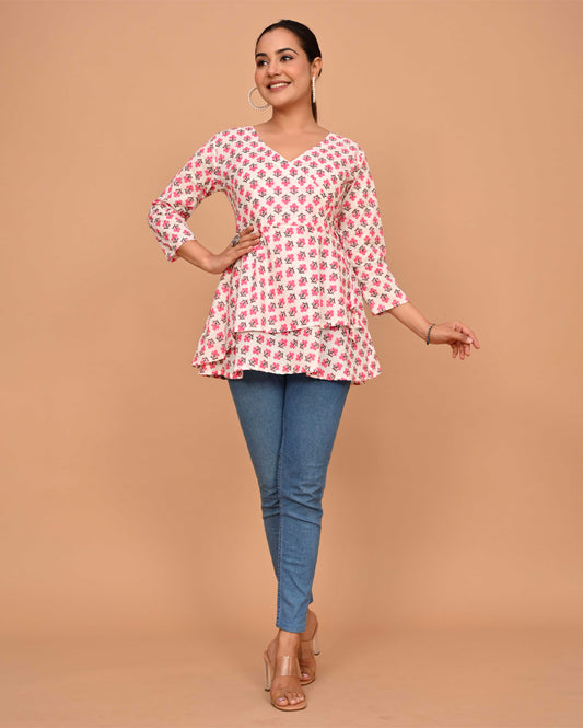 Choti Buti Block Printed Angrakha Style Short Kurti