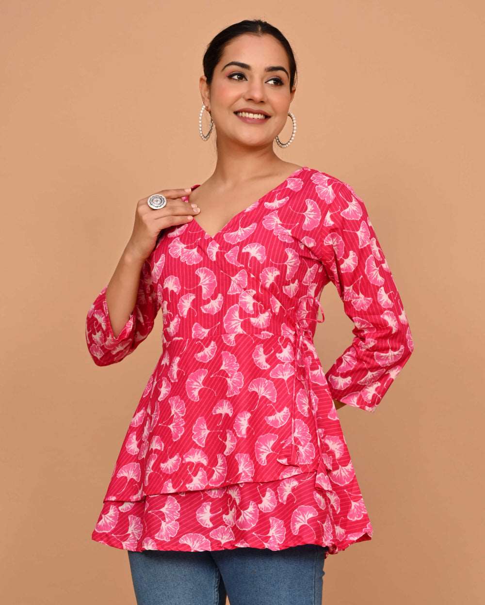 Pink Tulip Floral Block Printed Angrakha Style Short Kurti