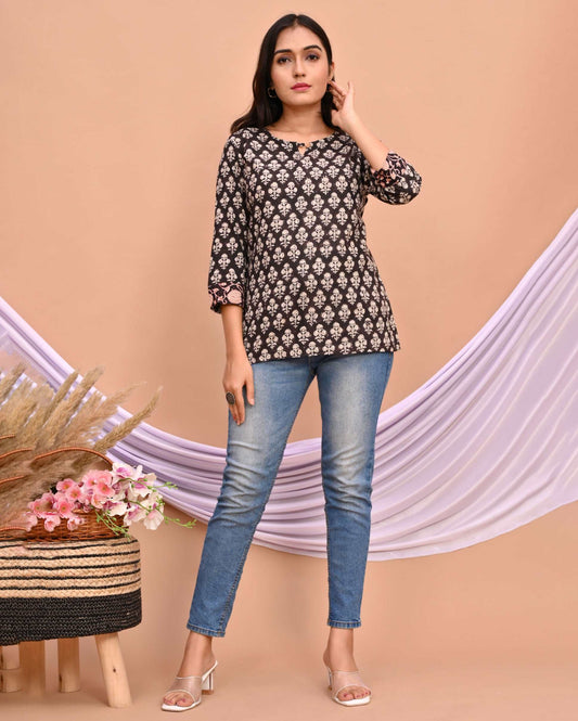B&W Bagru Hand Block Printed Short Kurti/Top