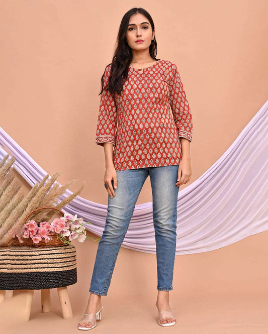 Red Paisley Bagru Hand Block Printed Short Kurti/Top