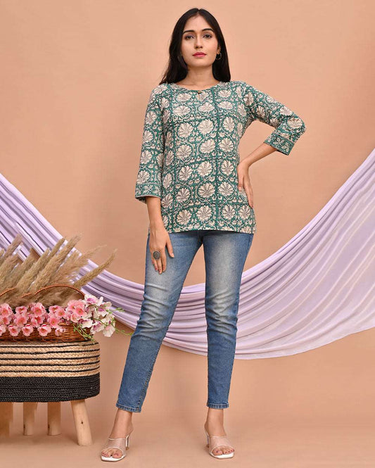 Light Green Jaal Bagru Hand Block Printed Short Kurti/Top