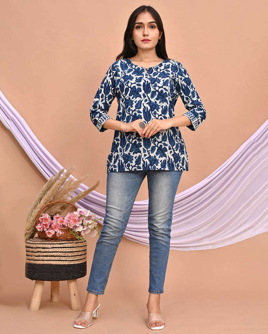 Indigo Blue Jaal  Bagru Hand Block Printed Short Kurti/Top