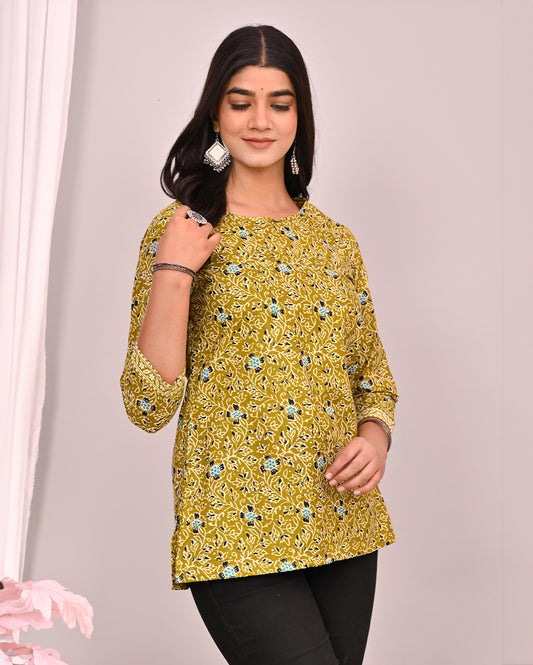 Golden Floral Block Printed Short Kurti/Top