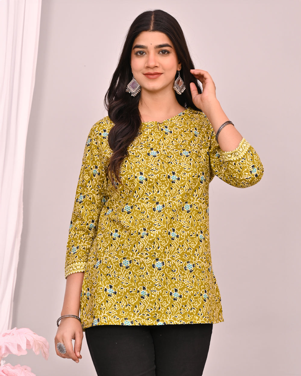 Golden Floral Block Printed Short Kurti/Top
