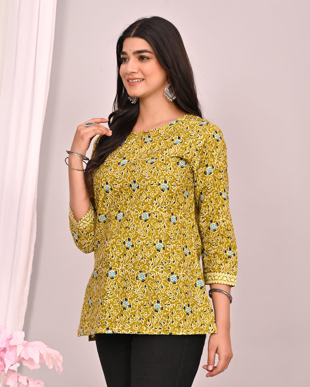 Golden Floral Block Printed Short Kurti/Top