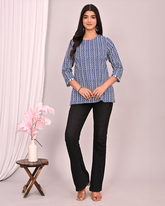 Blue Indigo Zig Zag Block Printed Short Kurti/Top