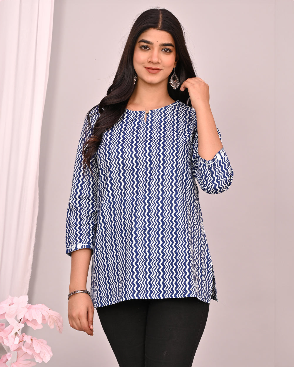 Blue Indigo Zig Zag Block Printed Short Kurti/Top