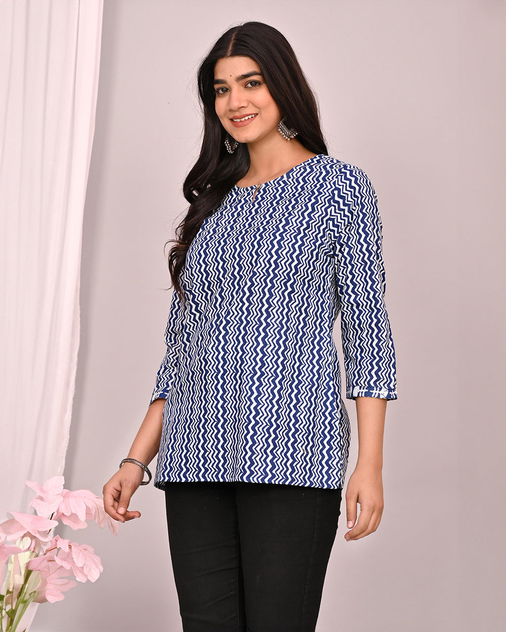 Blue Indigo Zig Zag Block Printed Short Kurti/Top