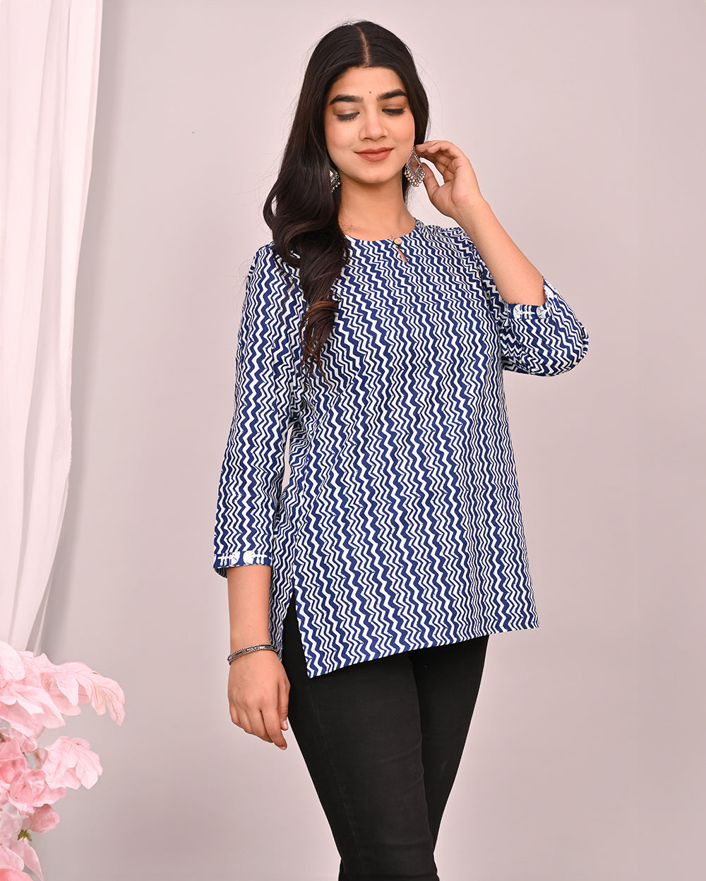 Blue Indigo Zig Zag Block Printed Short Kurti/Top
