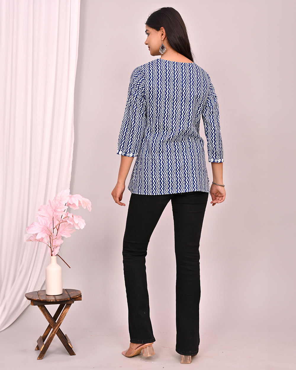 Blue Indigo Zig Zag Block Printed Short Kurti/Top