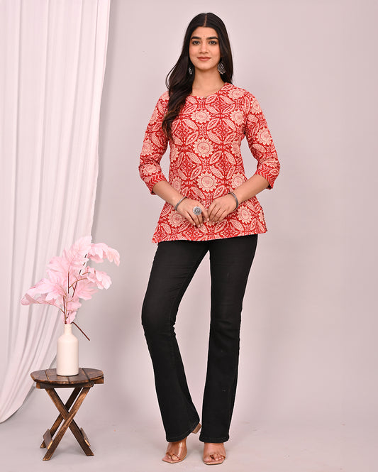 Red Mandala Block Printed Short Kurti/Top