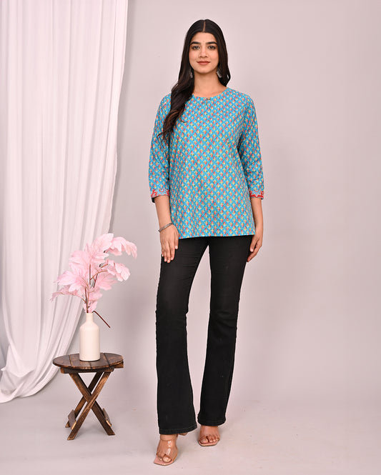 Sky Blue Buti Block Printed Short Kurti/Top