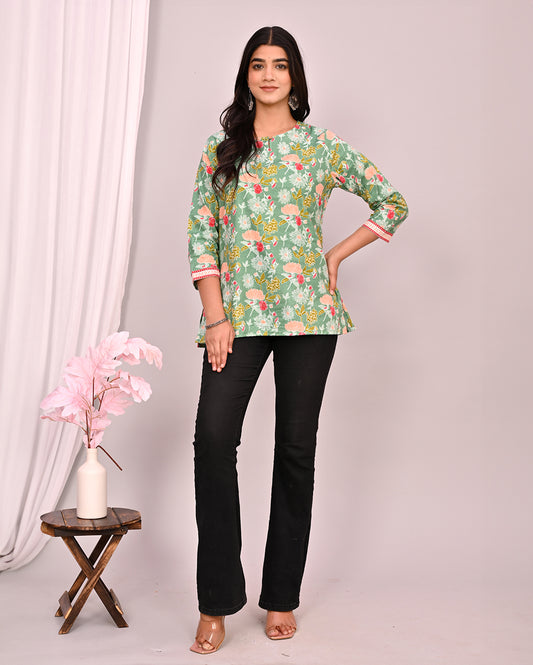 Light Green Floral Block Printed Short Kurti/Top