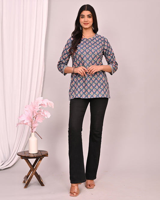 Dark Gray Buti Block Printed Short Kurti/Top
