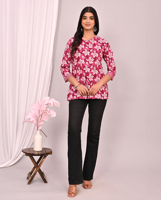 Wine Floral Block Printed Short Kurti/Top