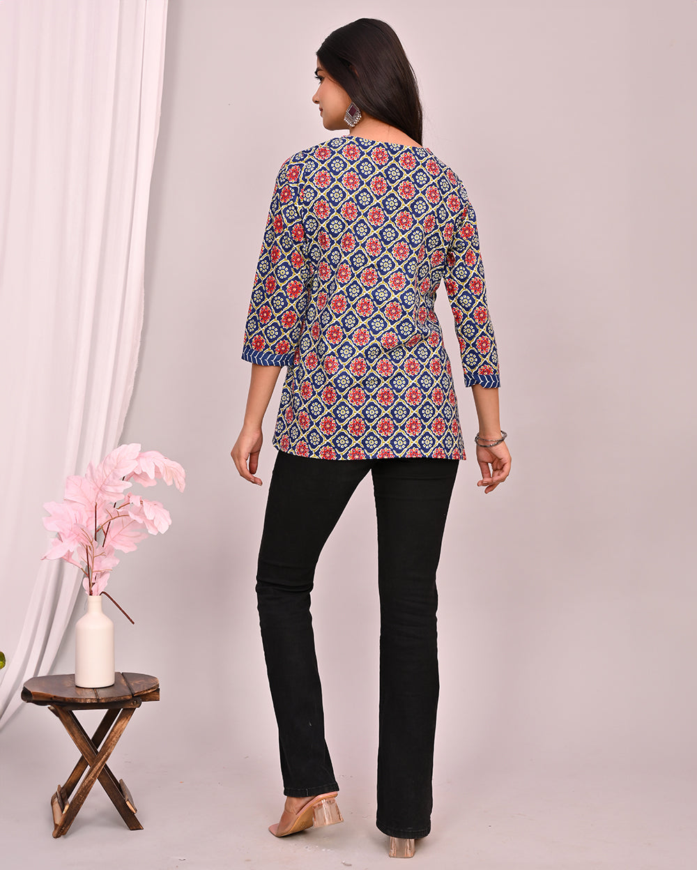 Red & Blue Ajrakh Block Printed Short Kurti/Top