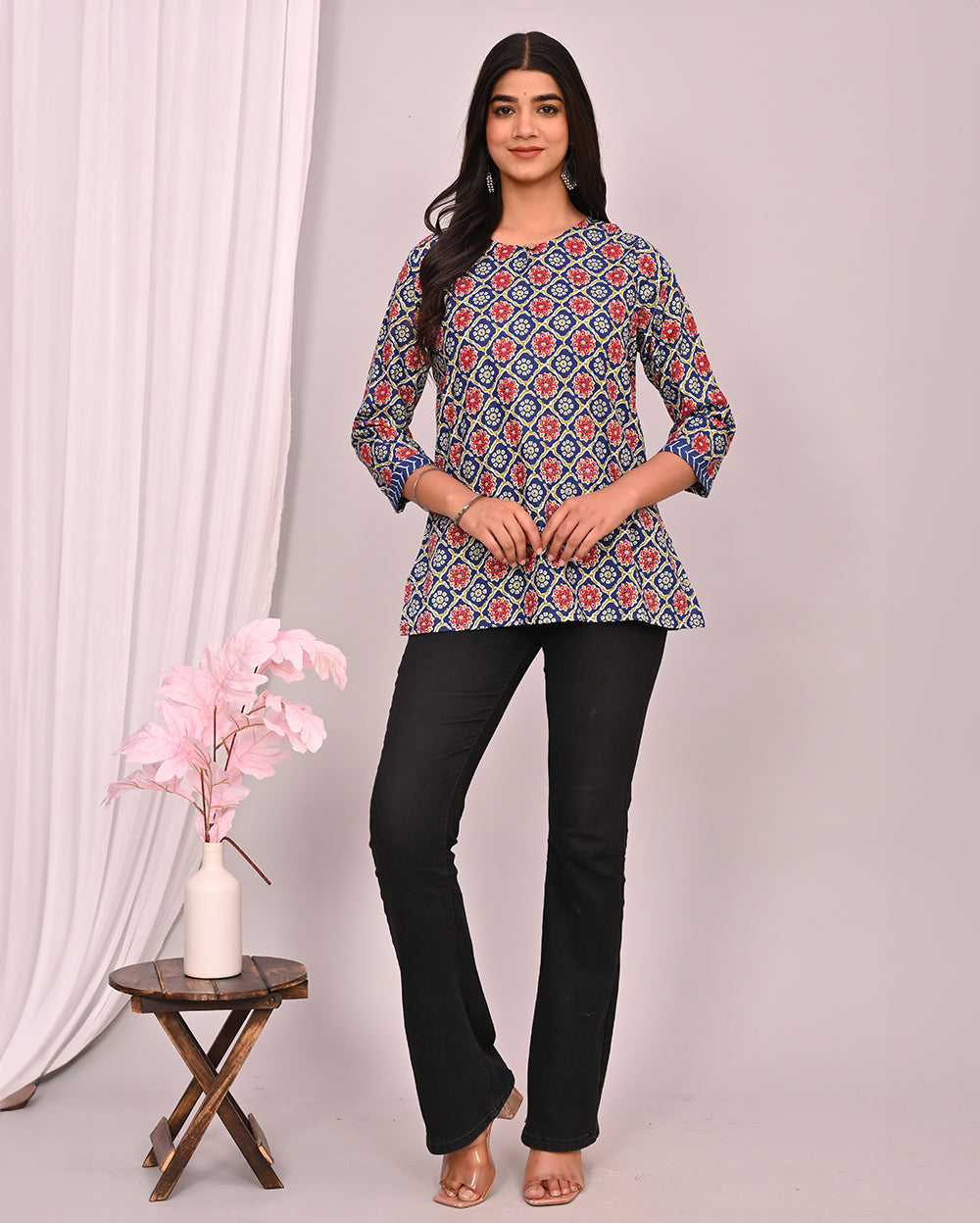 Red & Blue Ajrakh Block Printed Short Kurti/Top