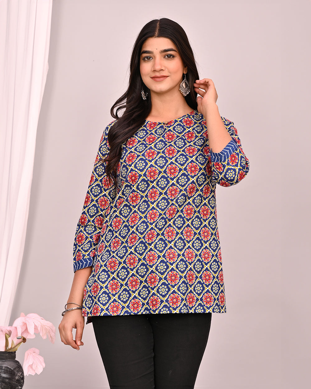 Red & Blue Ajrakh Block Printed Short Kurti/Top