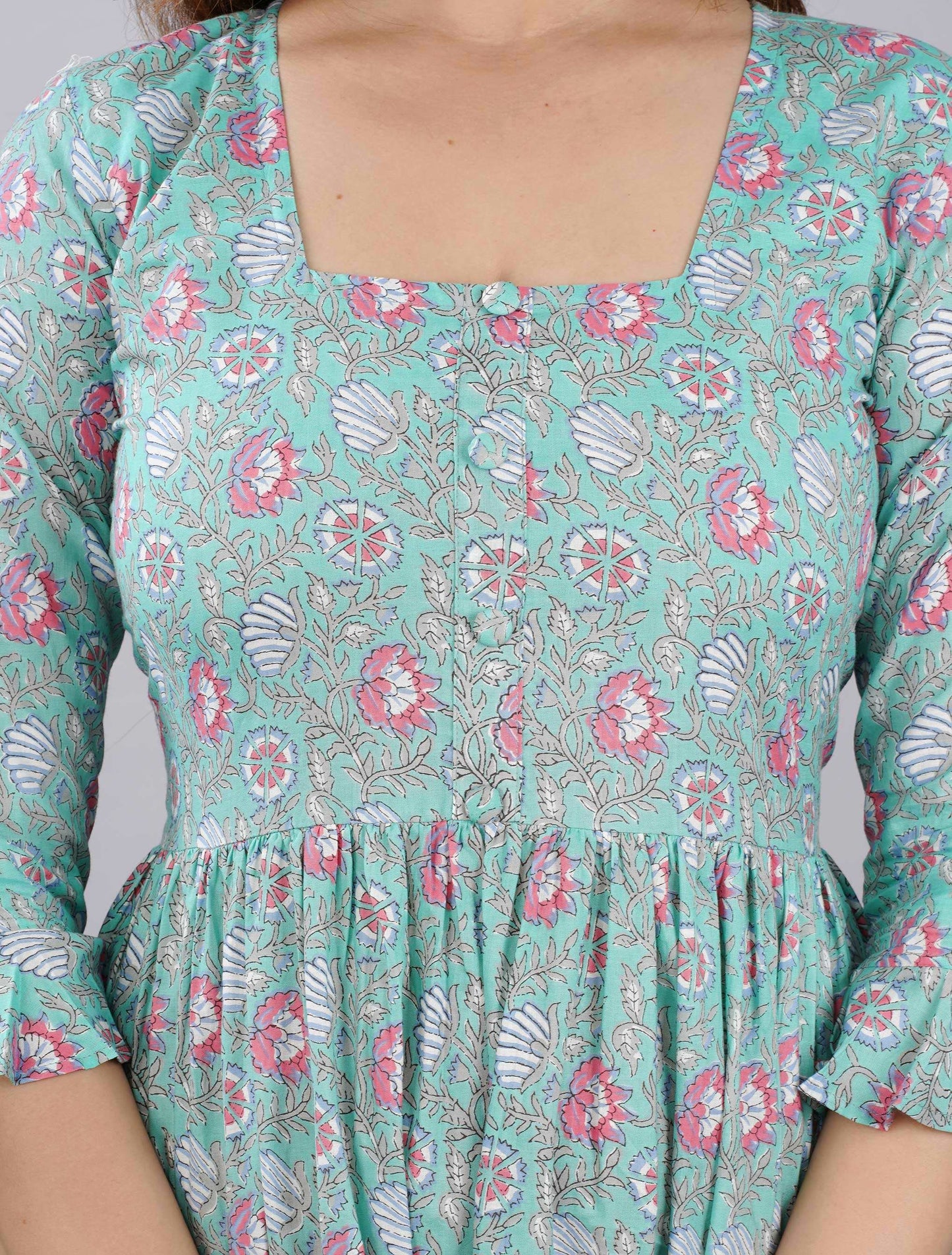 Pistachio Floral Jaal Hand block Printed Cotton Dress