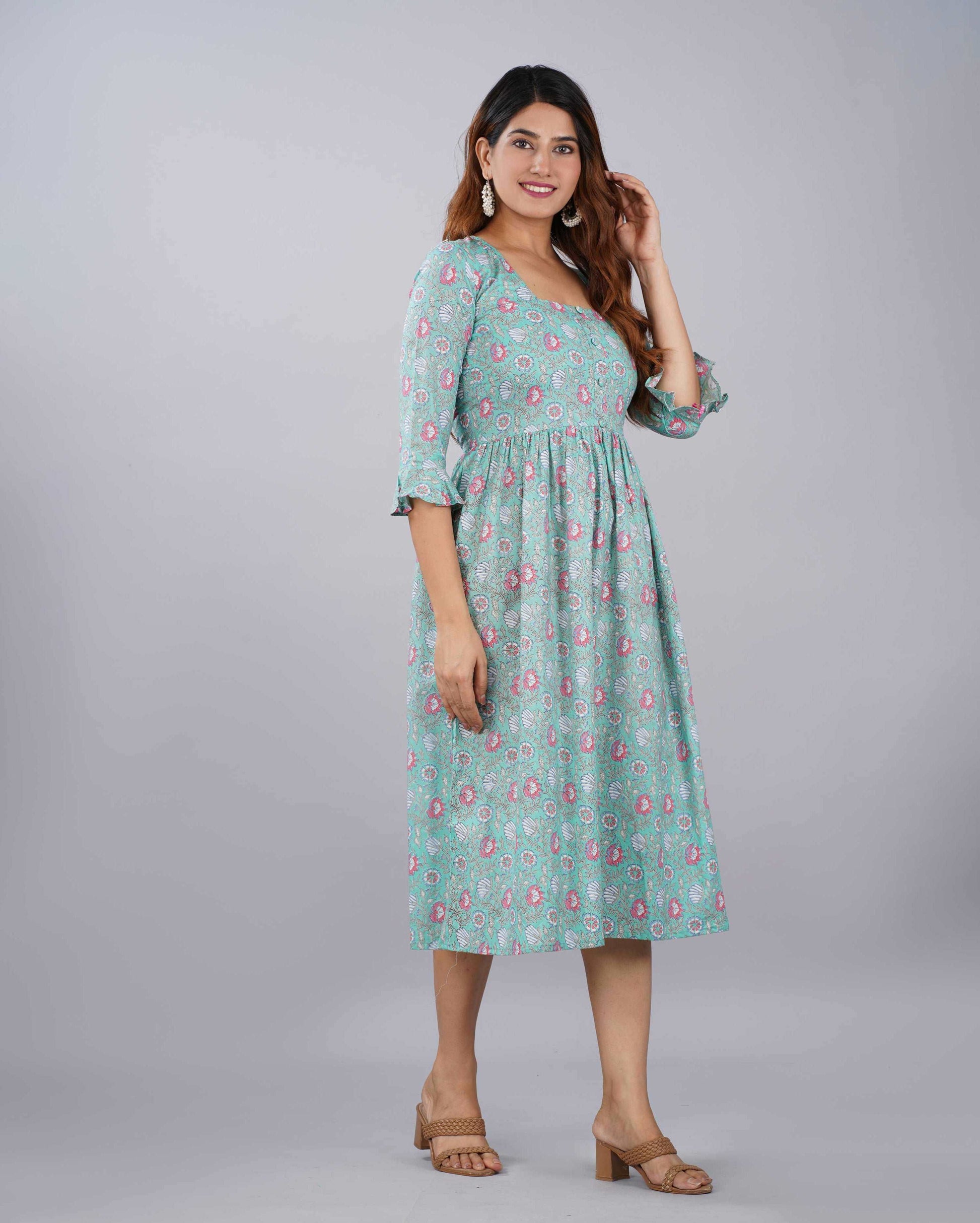 Pistachio Floral Jaal Hand block Printed Cotton Dress