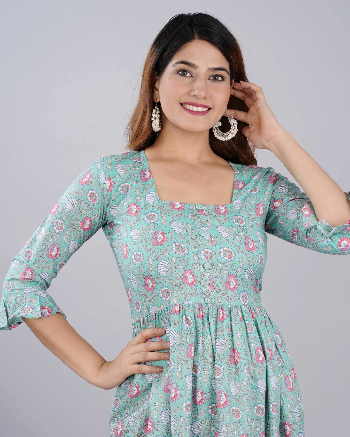 Pistachio Floral Jaal Hand block Printed Cotton Dress