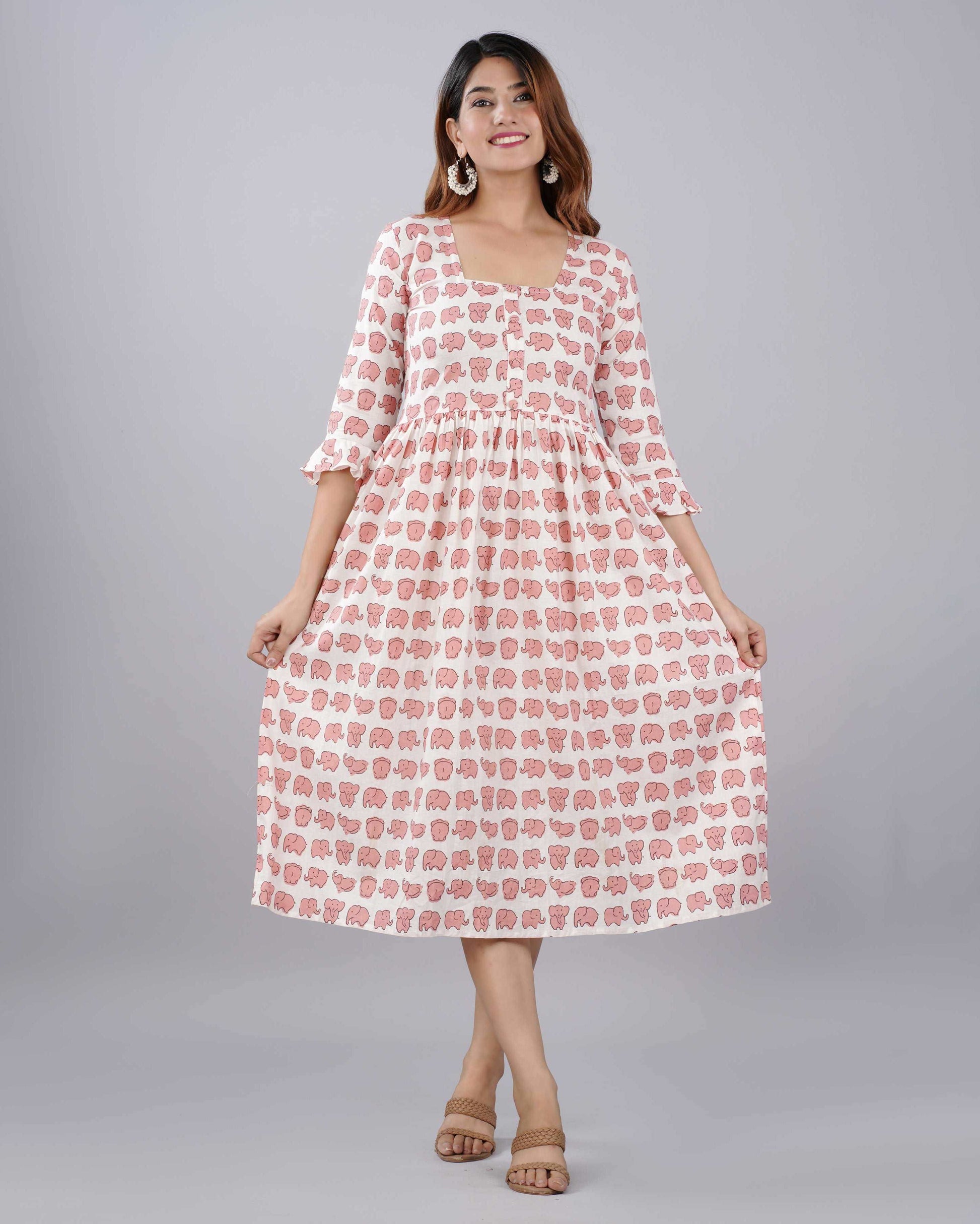 Pink Elephant Hand block Printed Cotton Dress