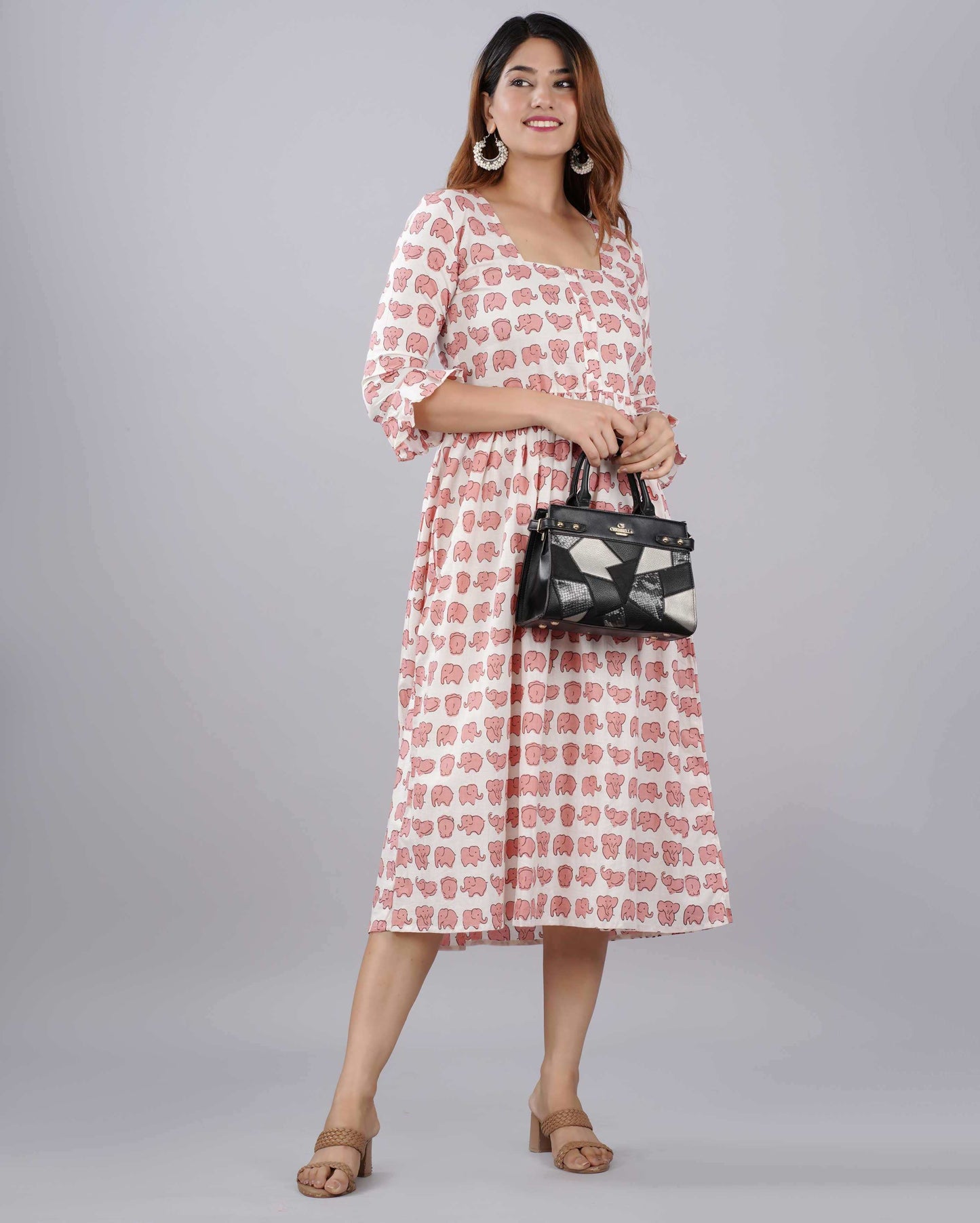 Pink Elephant Hand block Printed Cotton Dress