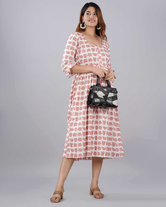 Pink Elephant Hand block Printed Cotton Dress