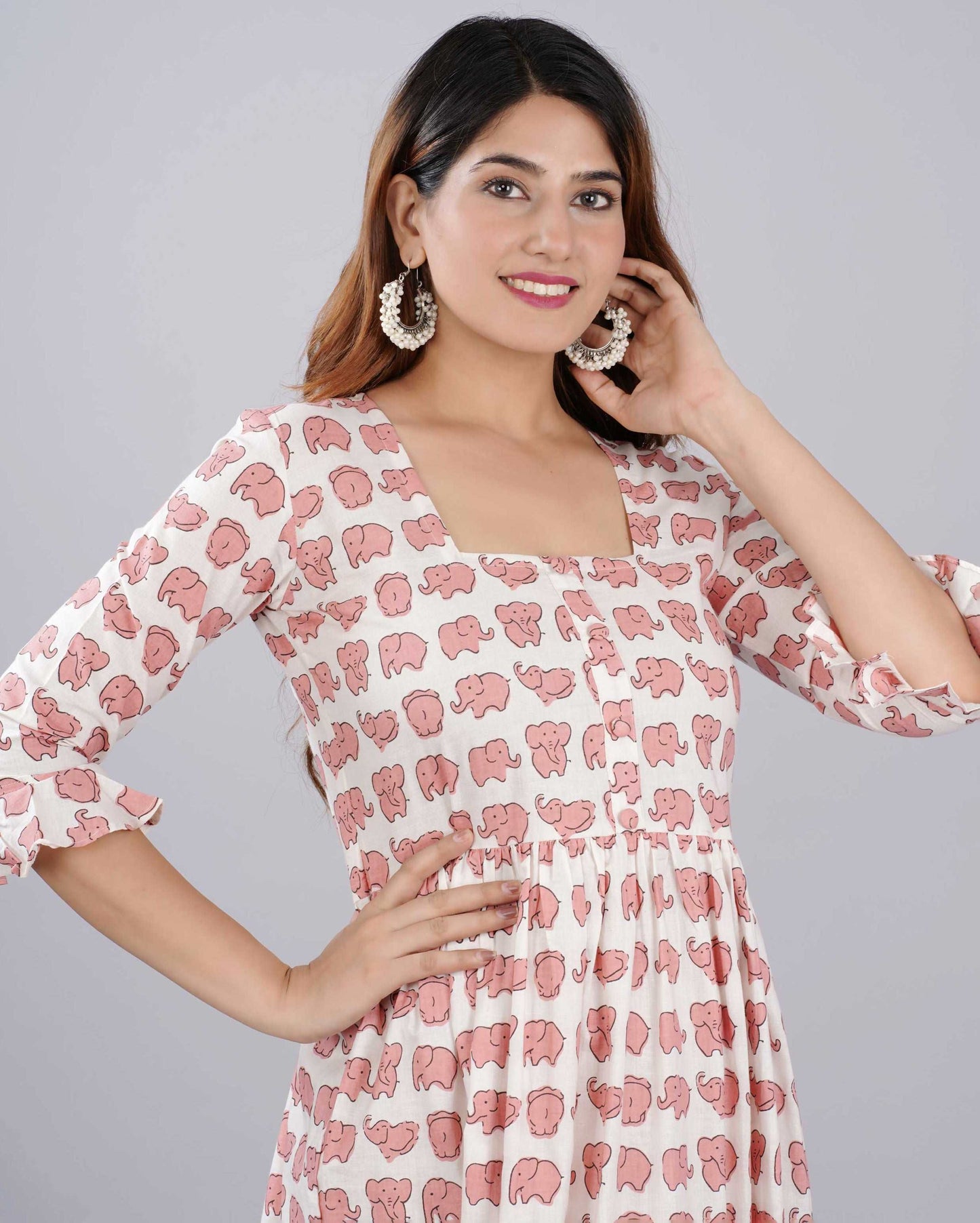 Pink Elephant Hand block Printed Cotton Dress