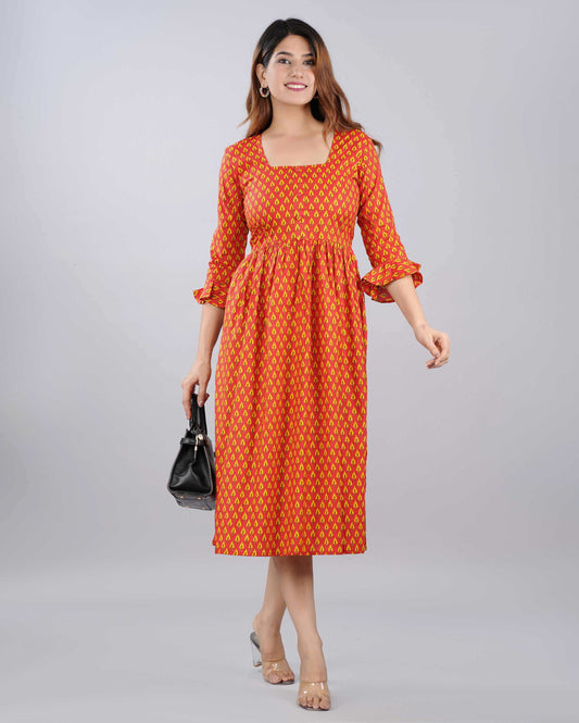 Red Floral Hand block Printed Cotton Dress