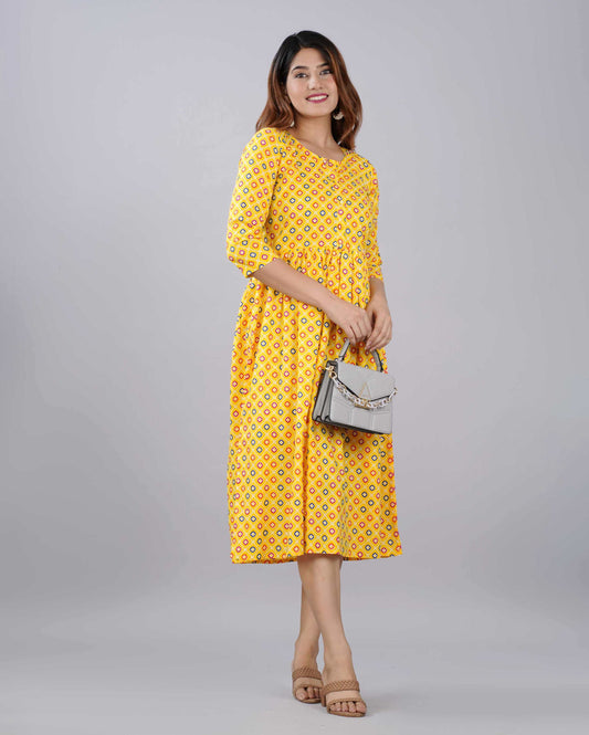 Yellow Doted Hand block Printed Cotton Dress